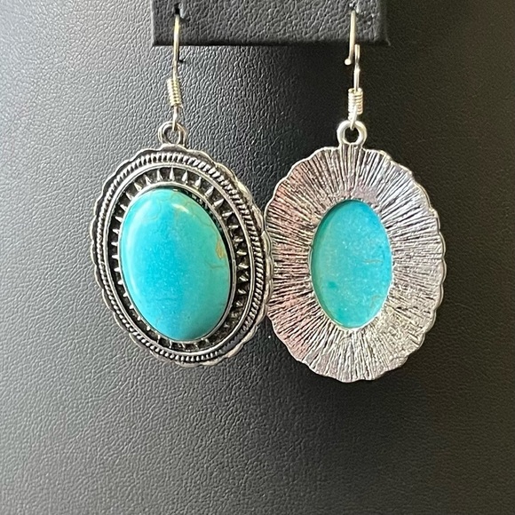 WOMEN’S Vintage Oval Cabochon Semiprecious Metal Earrings Silvertone - Picture 6 of 14